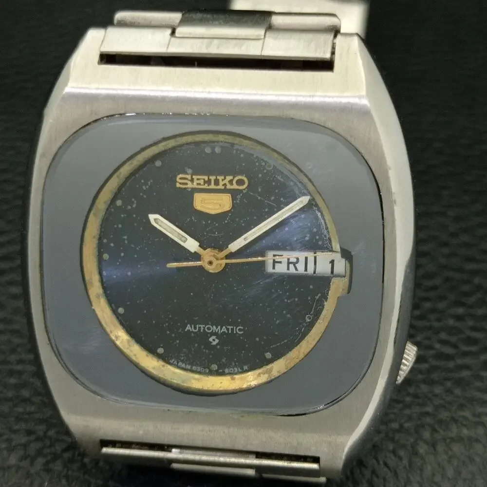 Vintage 1978 Square Seiko Automatic Mens Silver Watch W/daydate & Gold accents